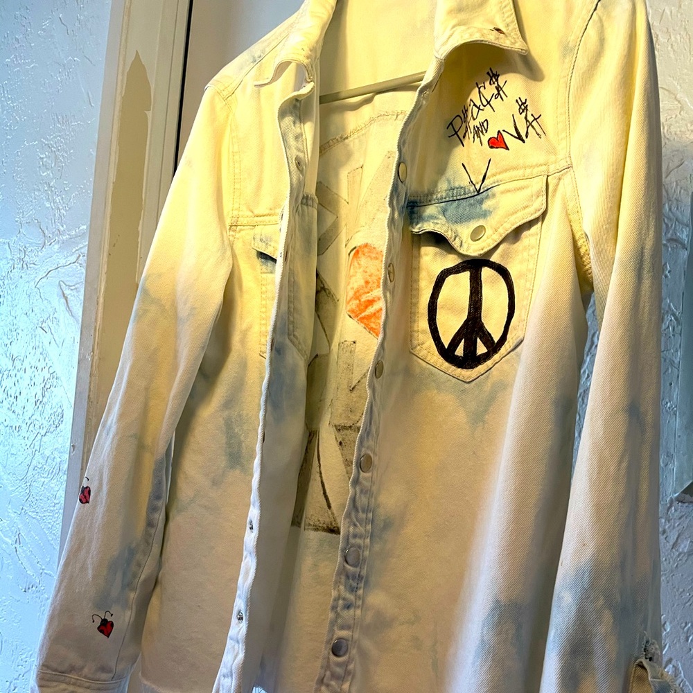 Hand painted Make love not war hippie Denim white wash Jean button up jacket.